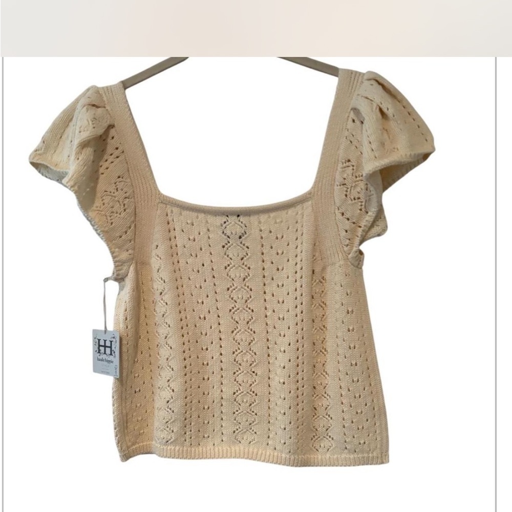 NWT Haute Hippie Cream Knit Puff Sleeve Top Cotton Boho Chic Cropped Size XL - Picture 3 of 6
